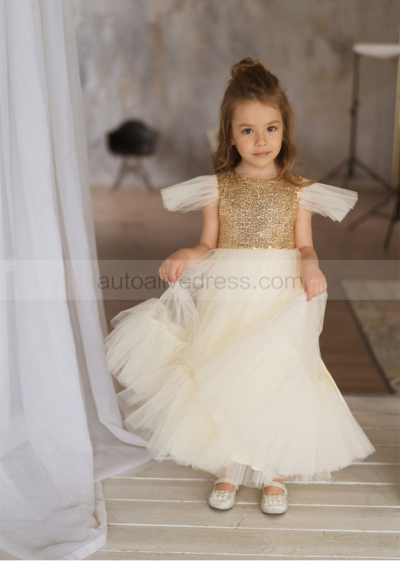 Ruffle Sleeves Gold Sequin Champagne Tulle Unique Flower Girl Dress